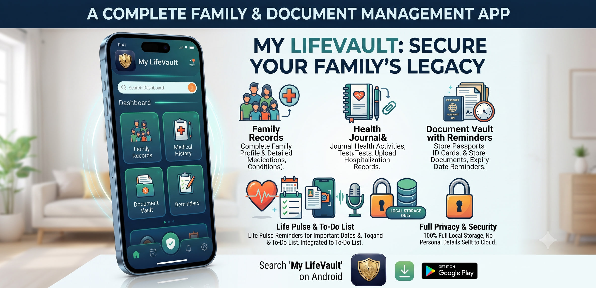My LifeVault Feature Graphic — Family Records, Health Journal, Document Vault, LifePulse Reminders, Full Privacy & Security